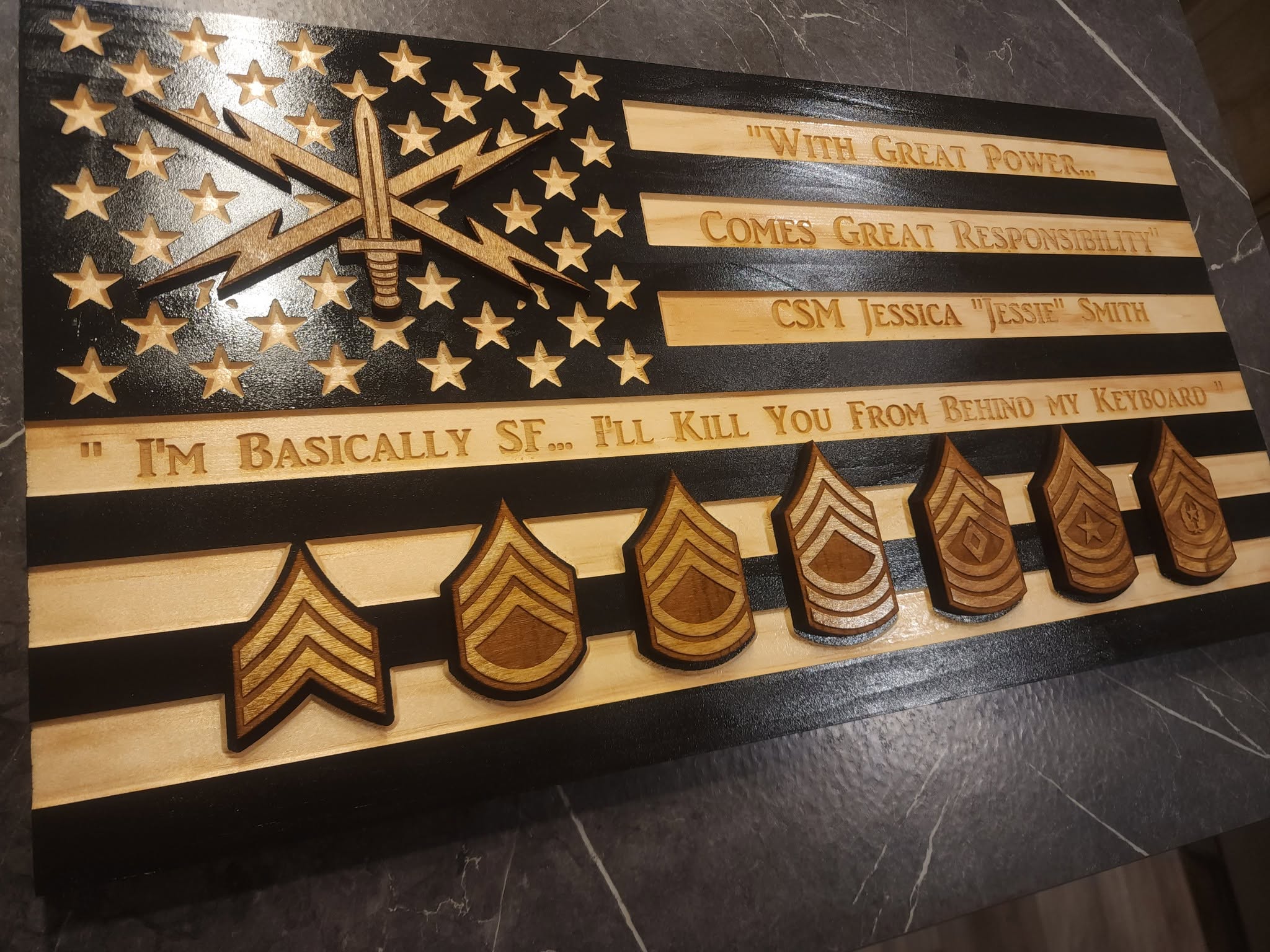 Rank progression wooden flag plaque