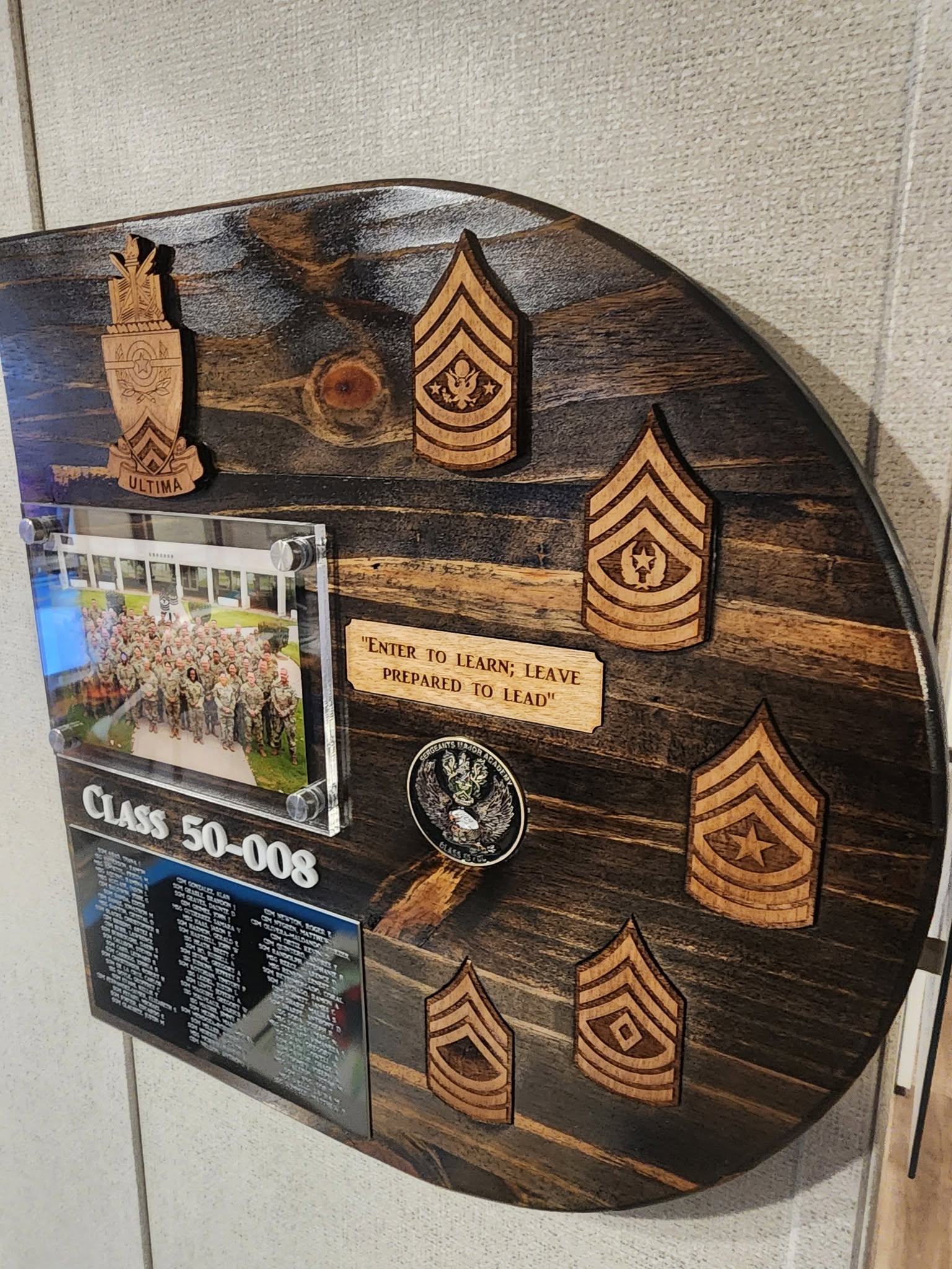 NCO Academy class plaque with photo and ranks