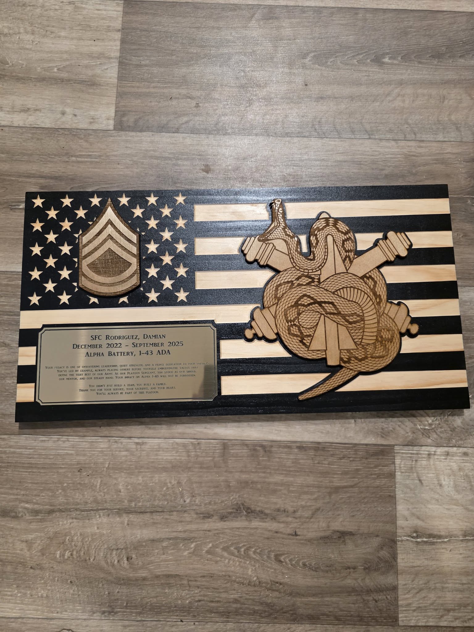 Military farewell plaque with ADA unit crest