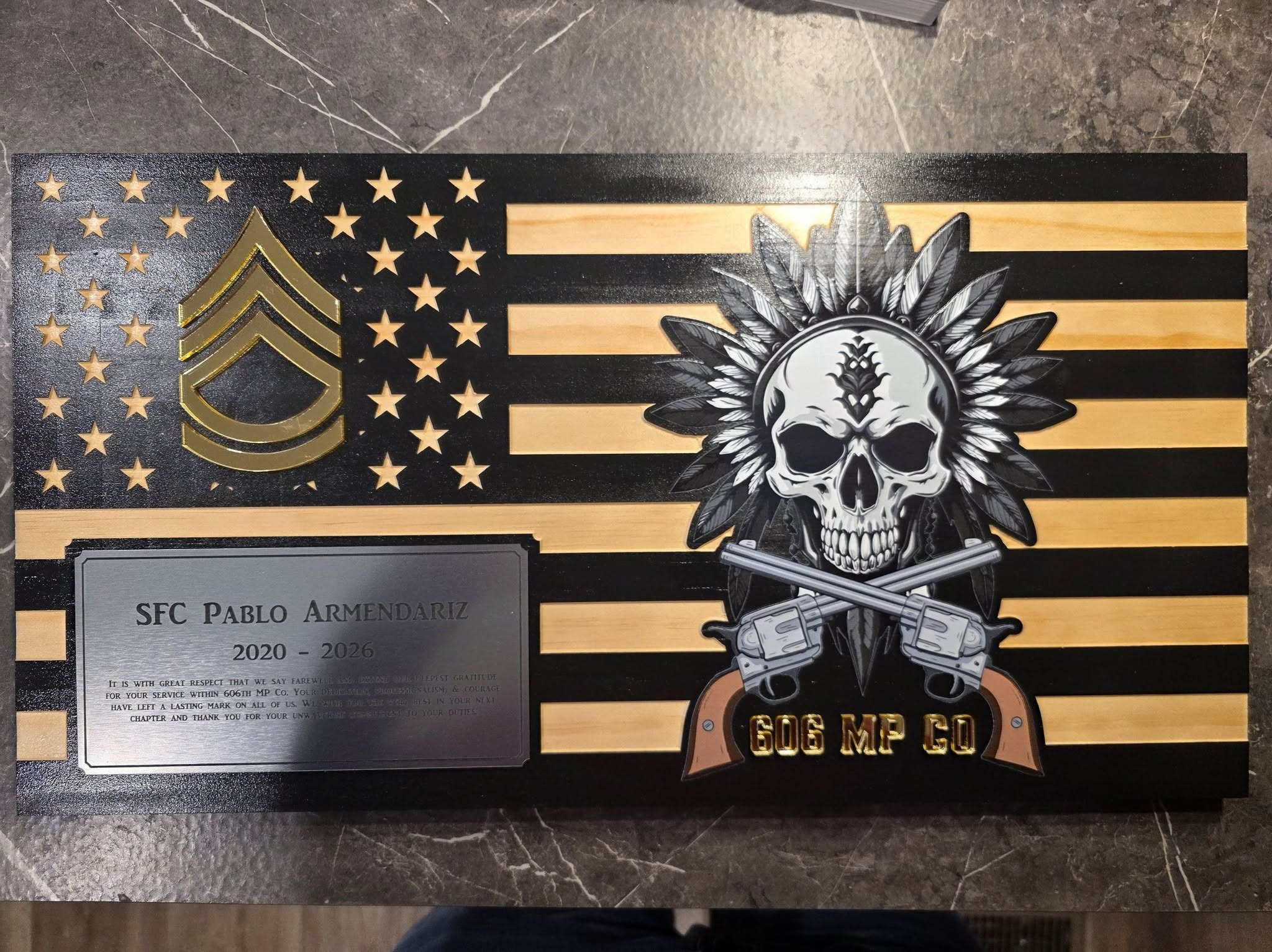 606th MP Company wooden flag plaque